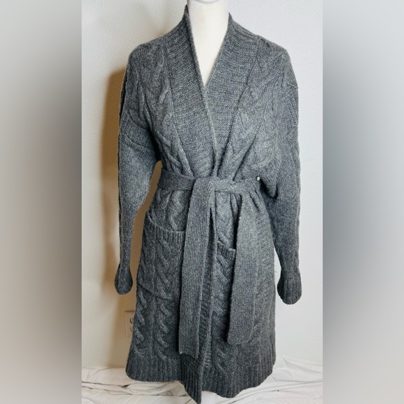 APRICOT Sweaters - Apricot long shawl cable-knit cardigan with a waist tie.